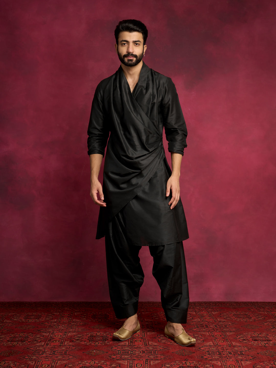 Cowl-draped asymmetric kurta paired with salwar pants - Rich black