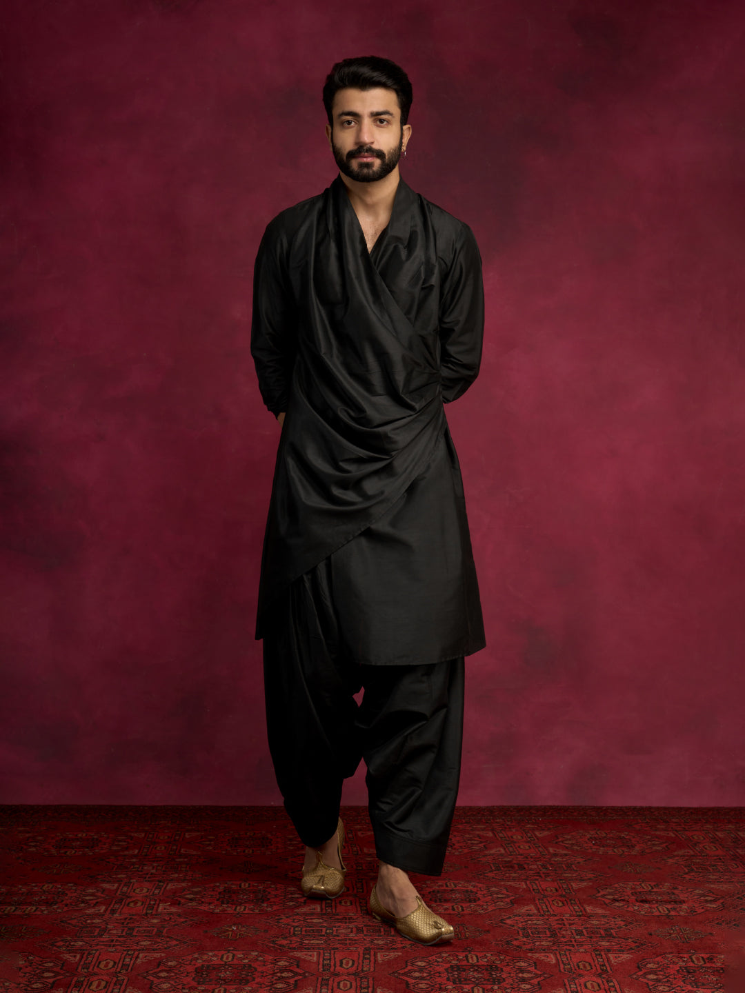 Cowl-draped asymmetric kurta- Rich black