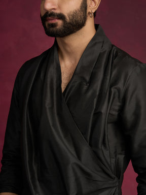 Cowl-draped asymmetric kurta- Rich black