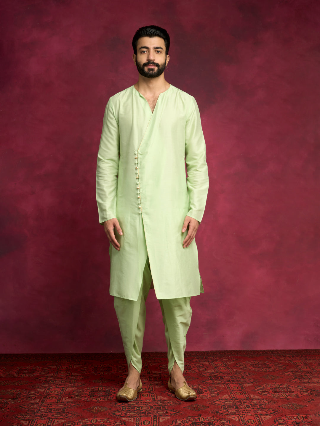 V-neck overlapped kurta- Pistachio green