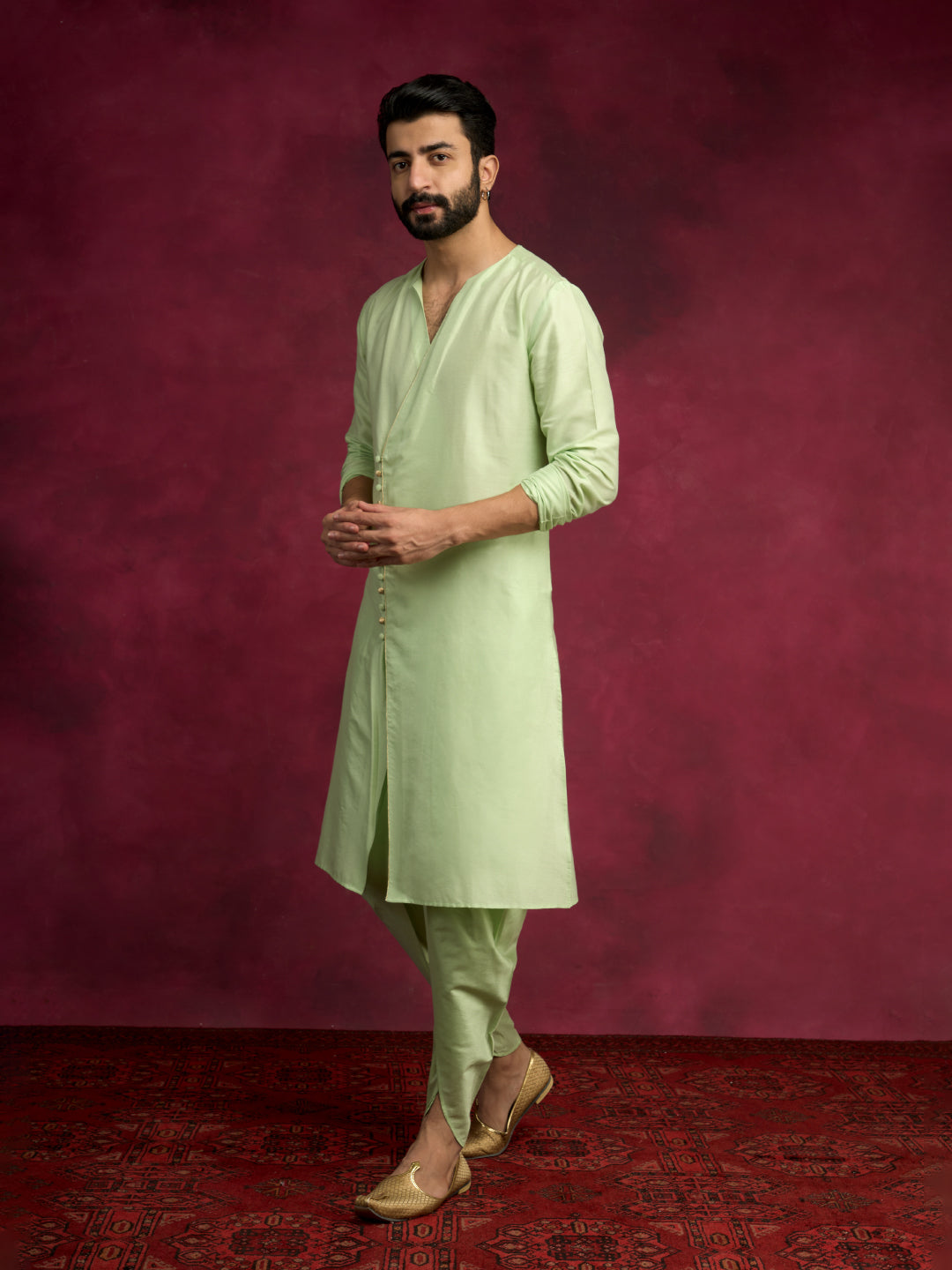 V-neck overlapped kurta Set - Pistachio green