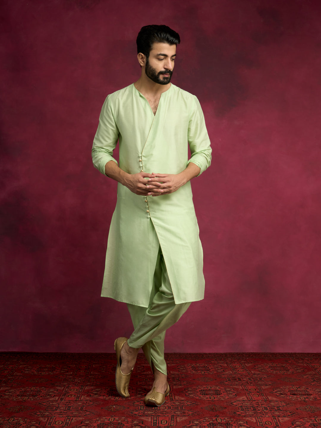 V-neck overlapped kurta Set - Pistachio green