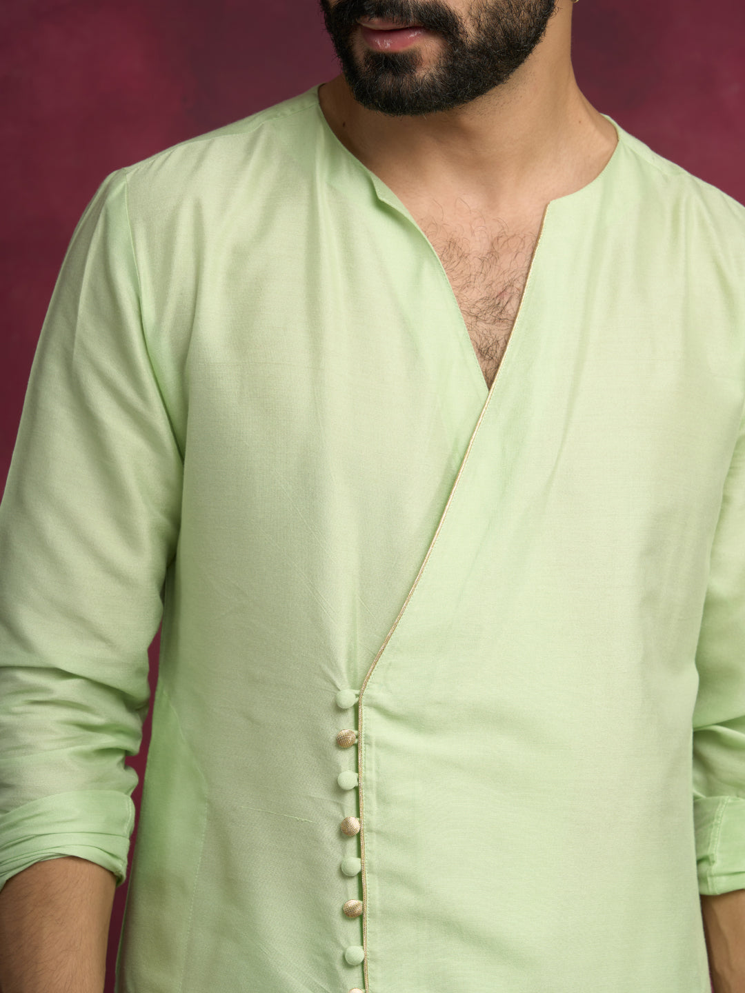 V-neck overlapped kurta Set - Pistachio green