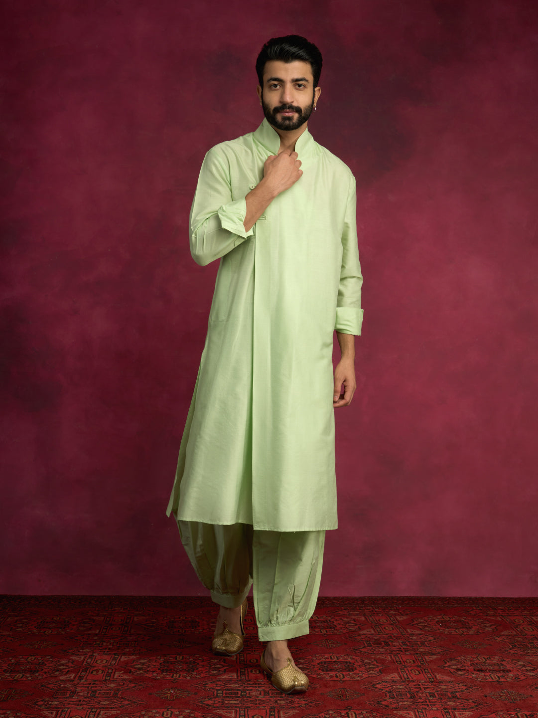 Overlap asymmetrical kurta paired with pathani pants -  Pistachio green