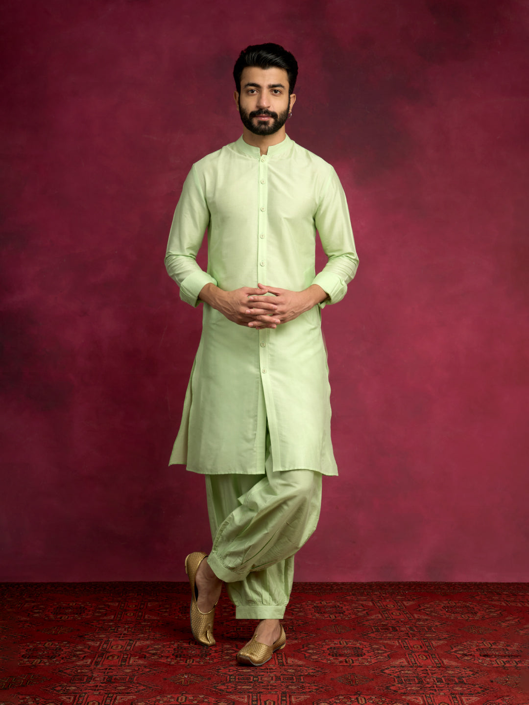 Buttoned down kurta paired with pathani pants - Pistachio green