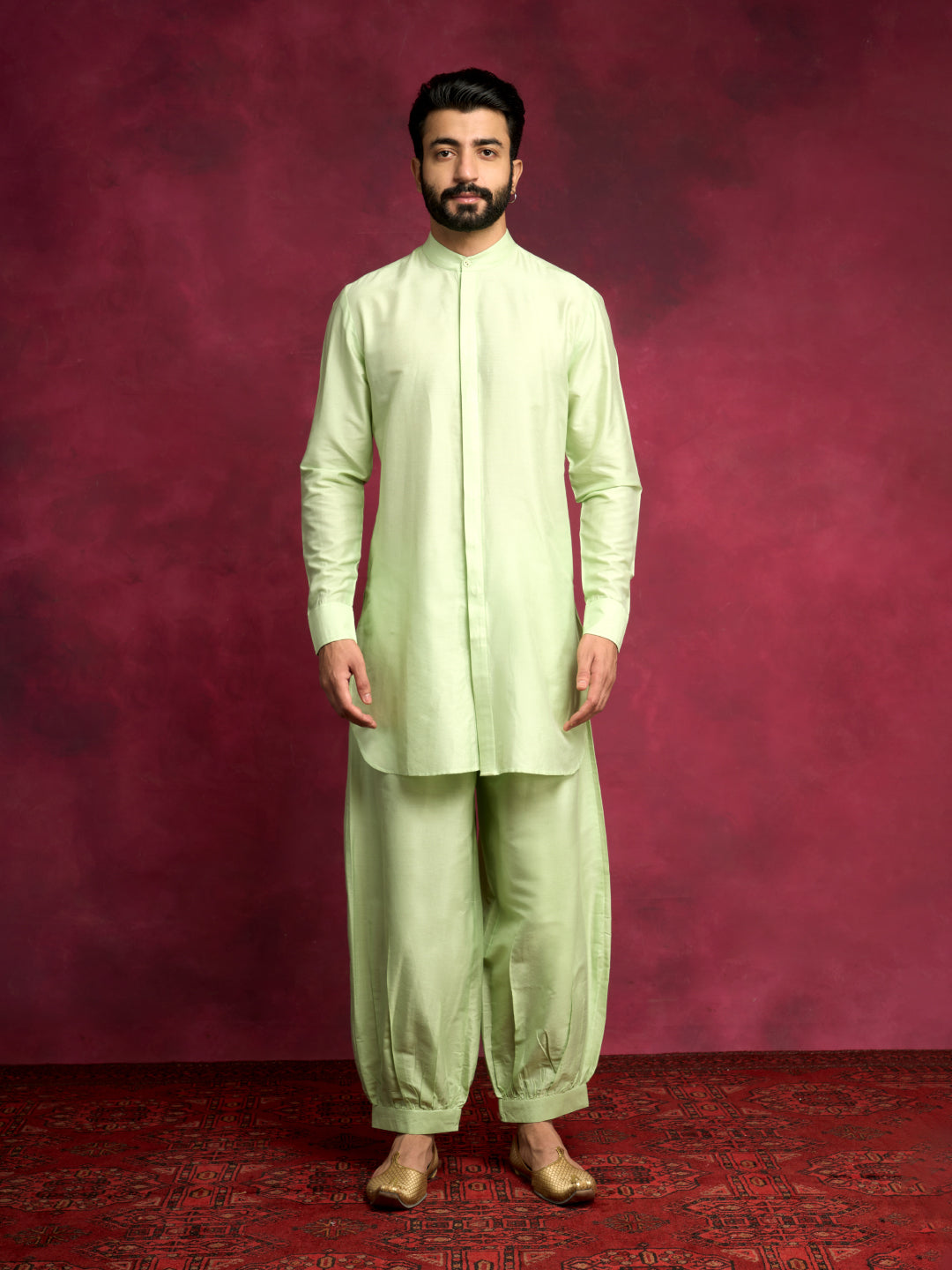 High-low hem kurta paired with pathani pants - Pistachio green
