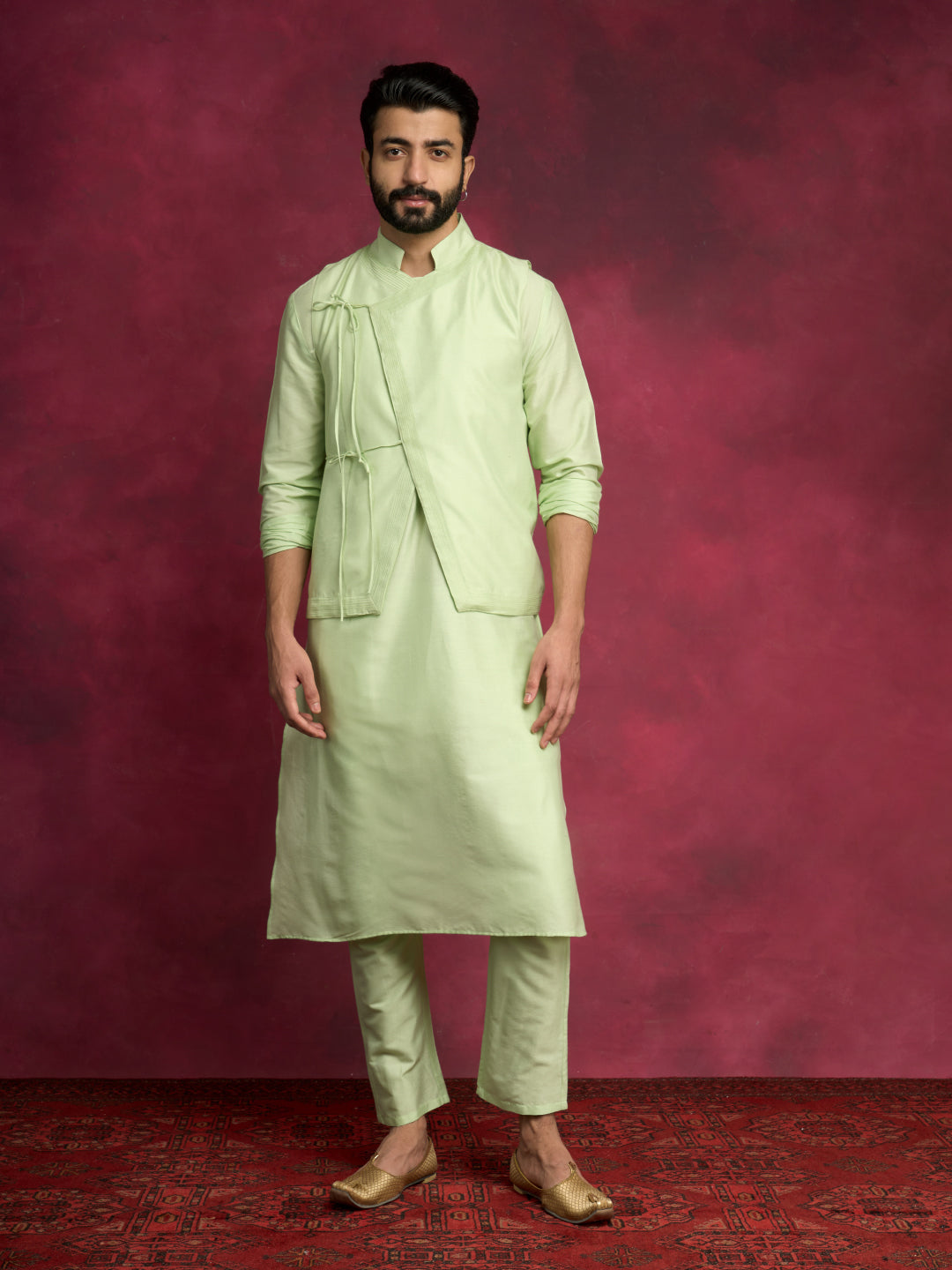 Straight kurta layered with asymmetrical jacket Set- Pistachio green