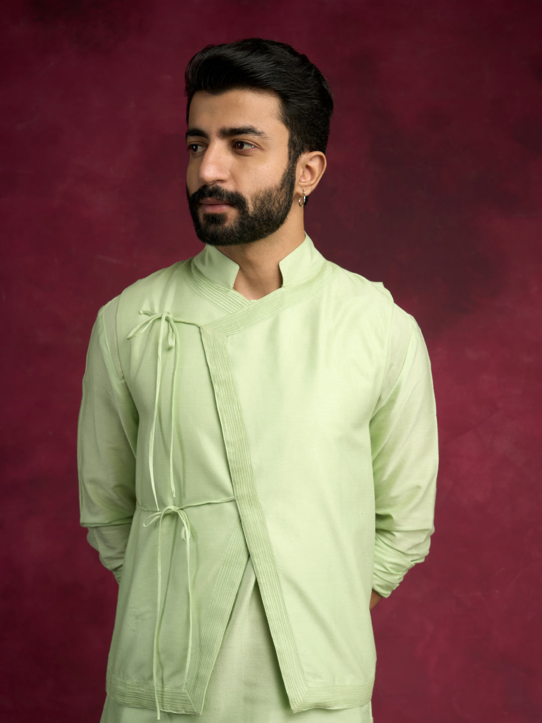 Straight kurta layered with asymmetrical jacket Set- Pistachio green