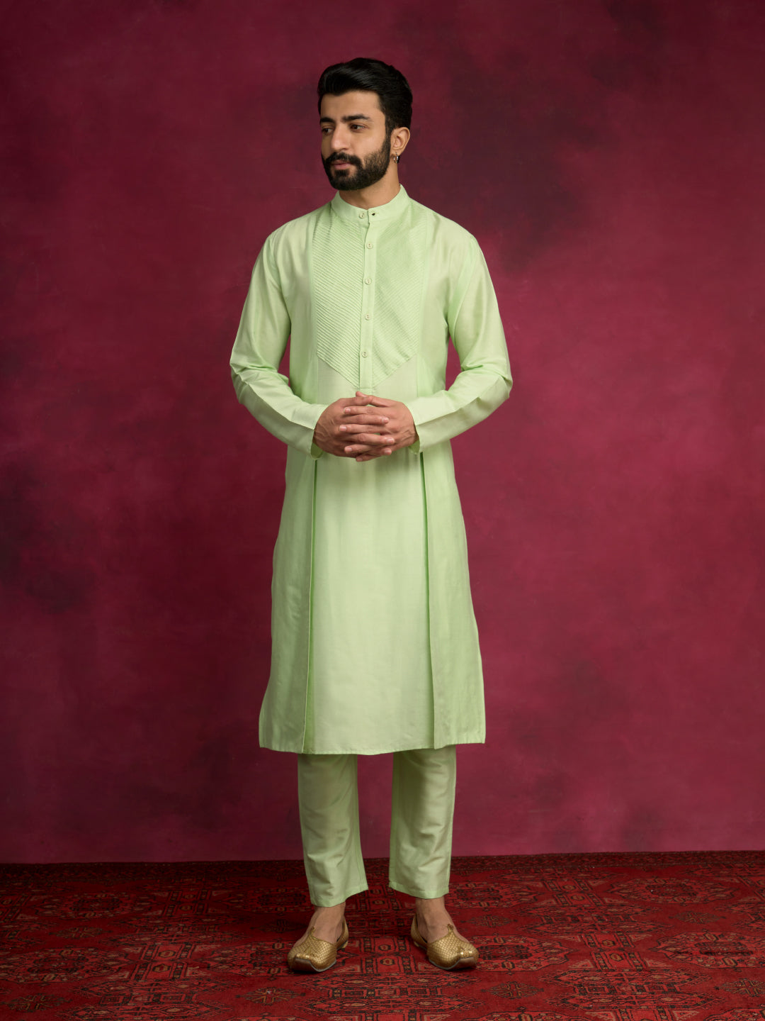 Pintuck neck yoke side panel kurta Set - Pistachio green