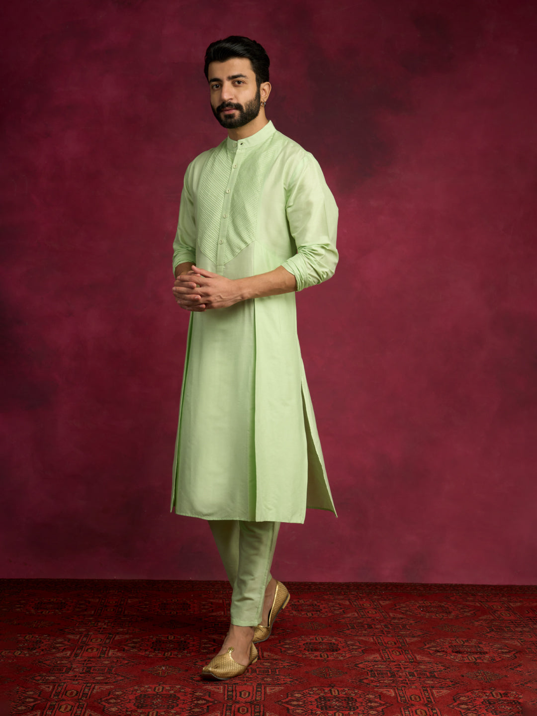 Pintuck neck yoke side panel kurta- Pistachio green