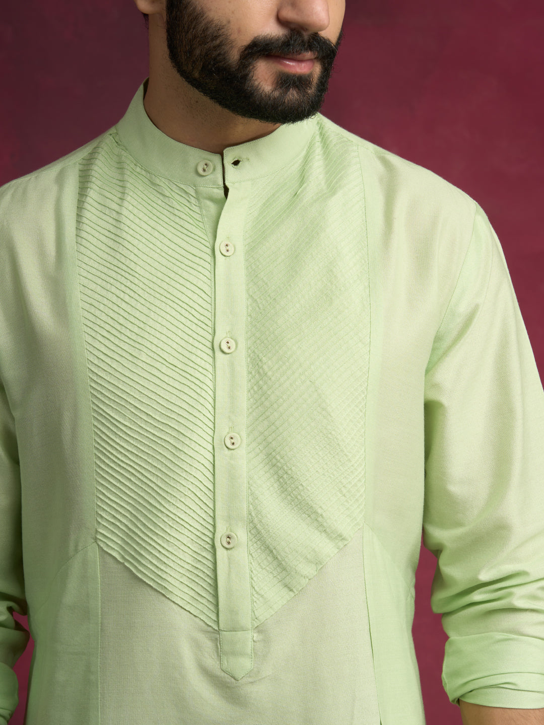 Pintuck neck yoke side panel kurta Set - Pistachio green