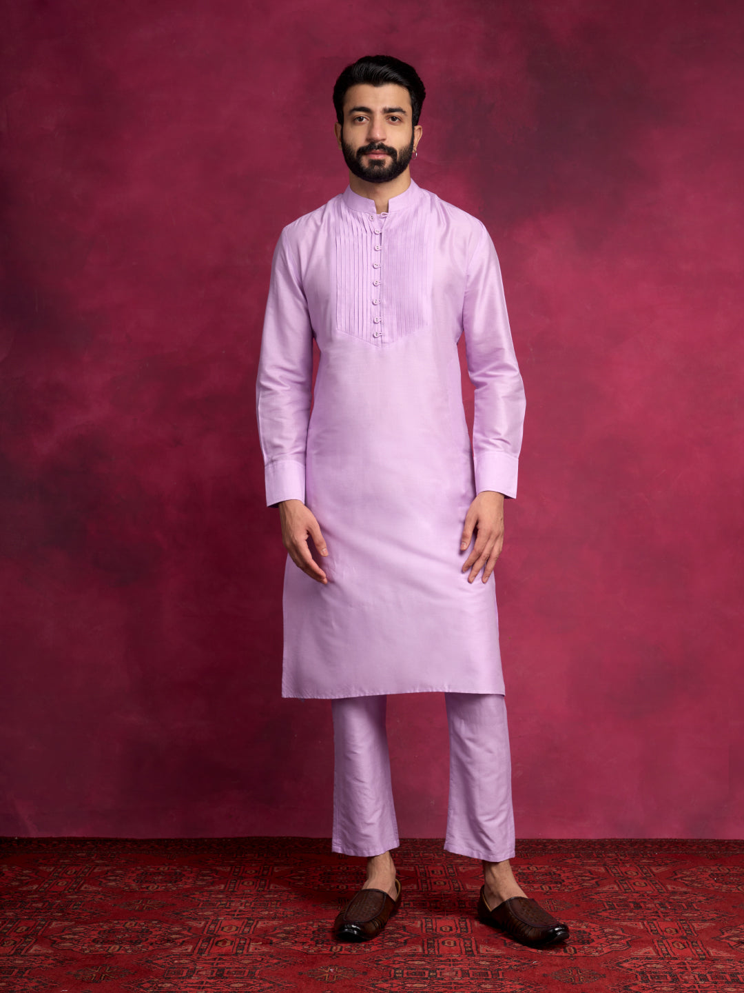 Pleated neck yoke straight kurta Set - Lavender