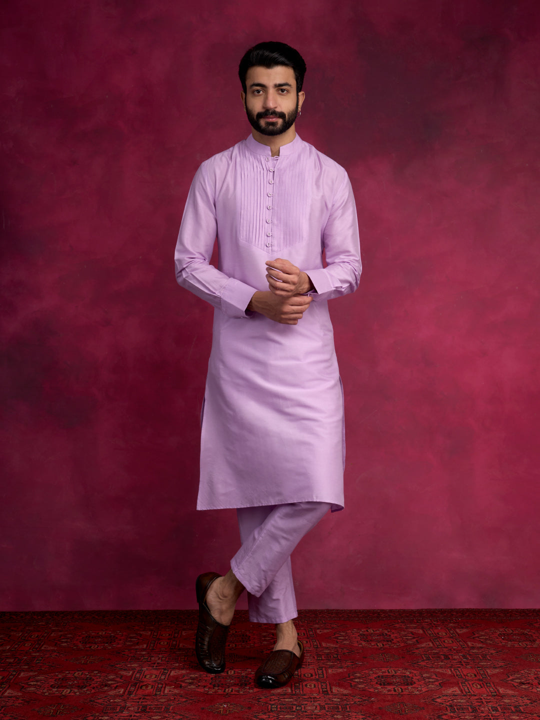 Pleated neck yoke straight kurta Set - Lavender