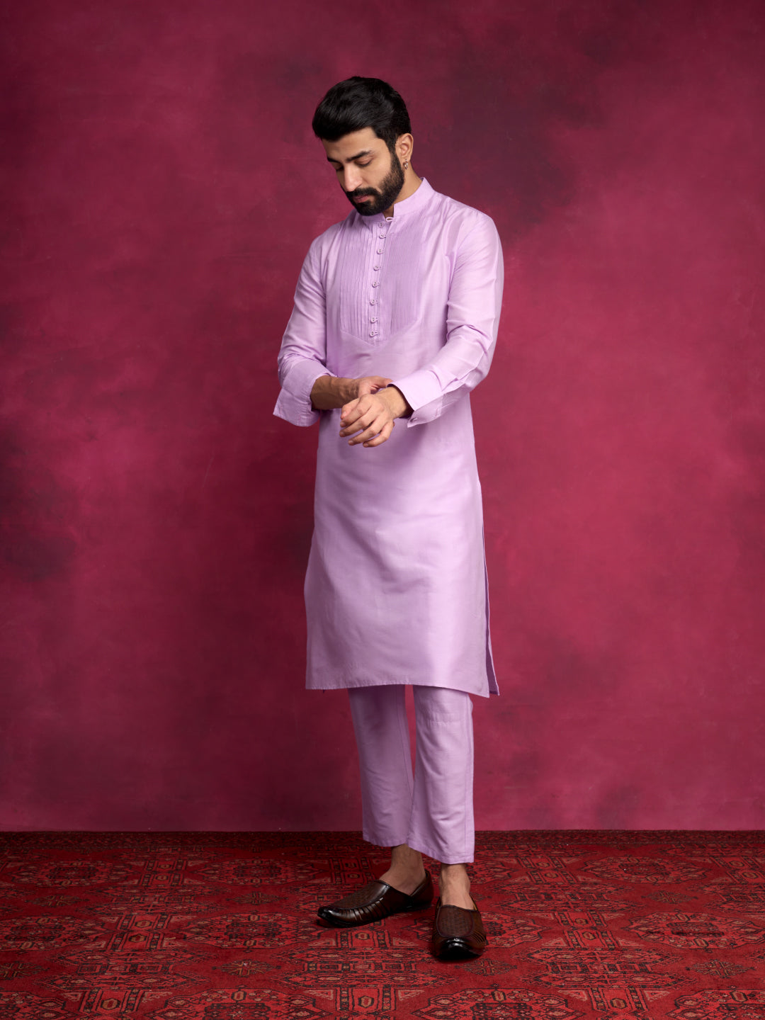 Pleated neck yoke straight kurta Set - Lavender