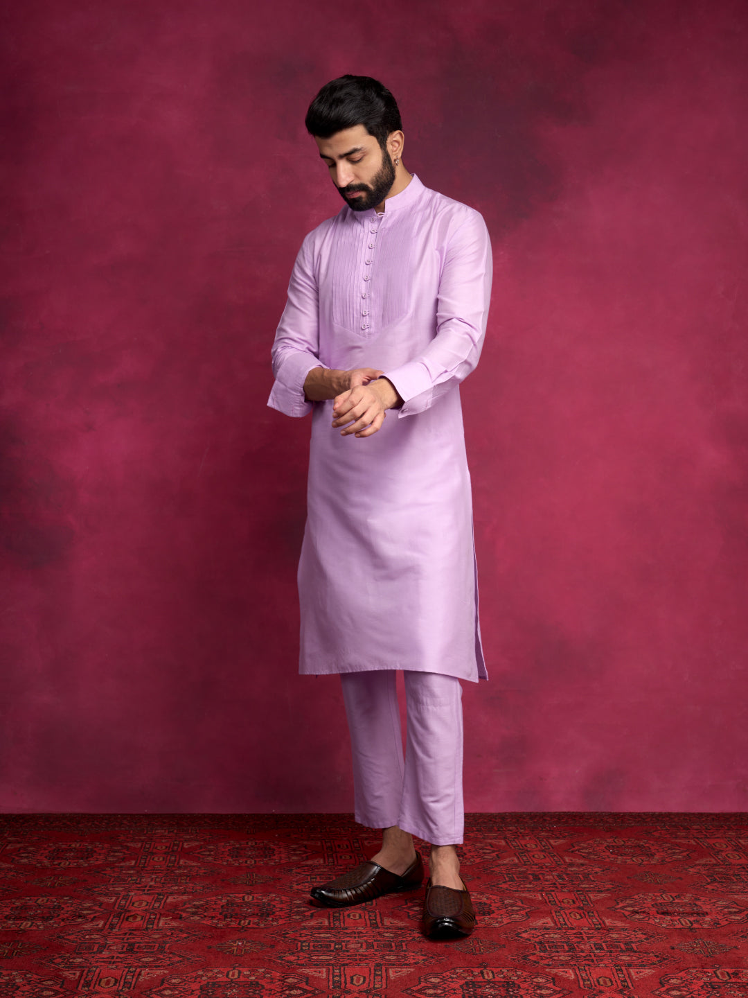 Pleated neck yoke straight kurta- Lavender