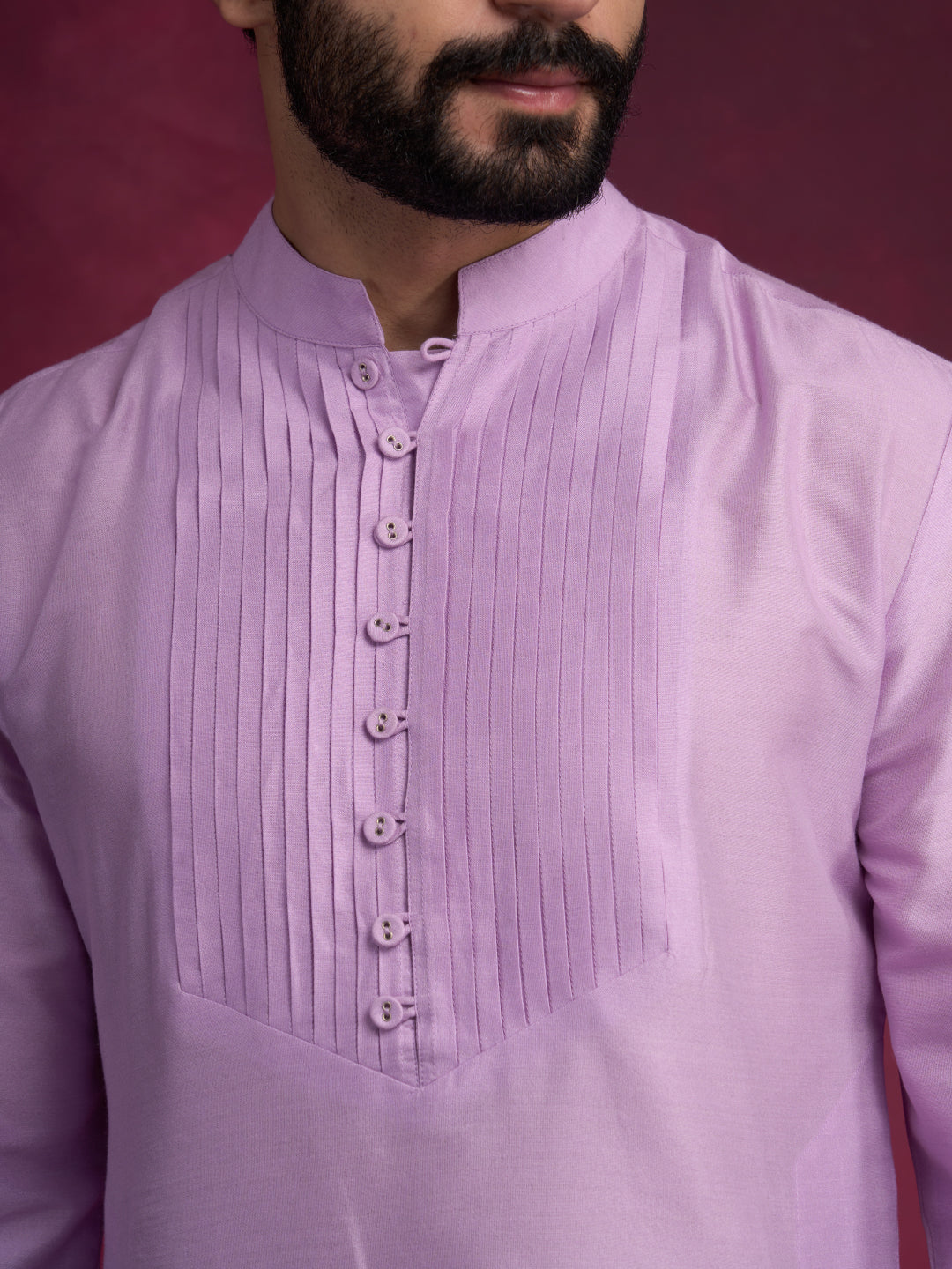 Pleated neck yoke straight kurta Set - Lavender