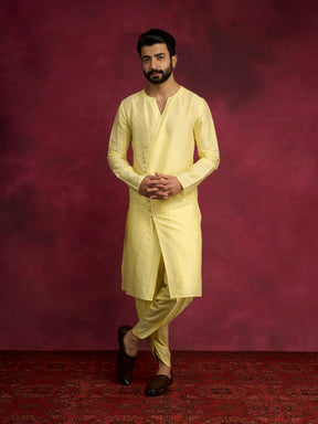 V-neck overlapped kurta Set - Lemon Yellow