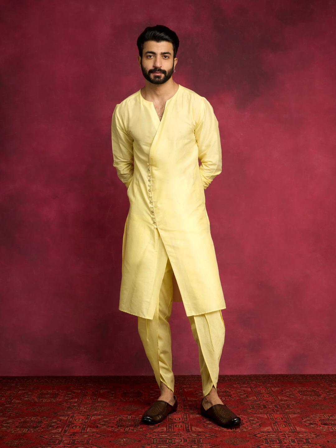 V-neck overlapped kurta Set - Lemon Yellow