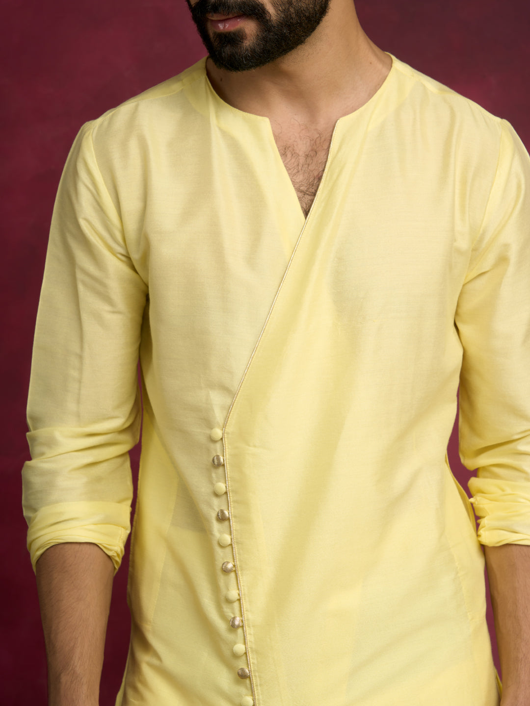 V-neck overlapped kurta Set - Lemon Yellow