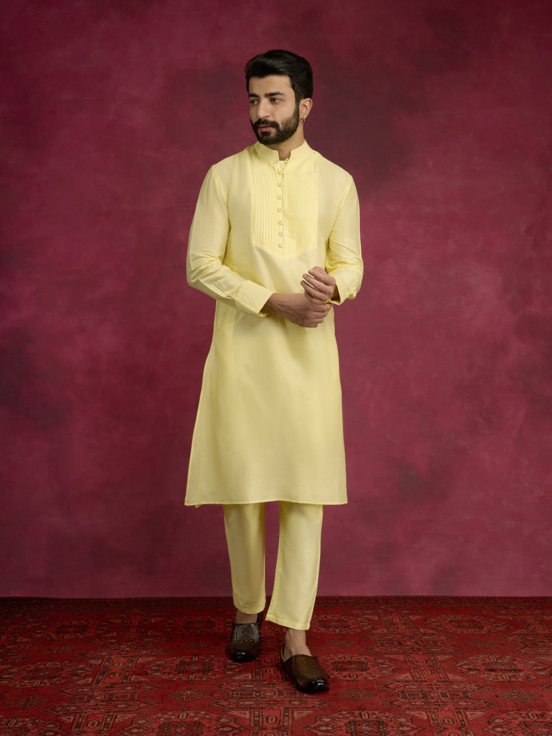 Pleated neck yoke straight kurta- Lemon Yellow