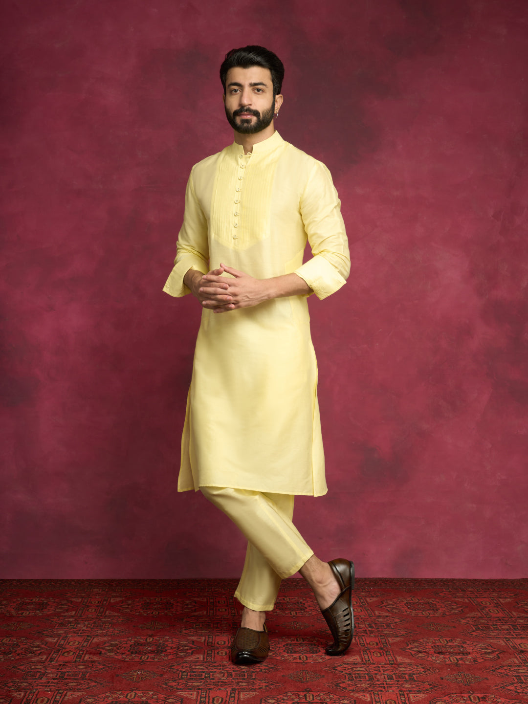 Pleated neck yoke straight kurta- Lemon Yellow