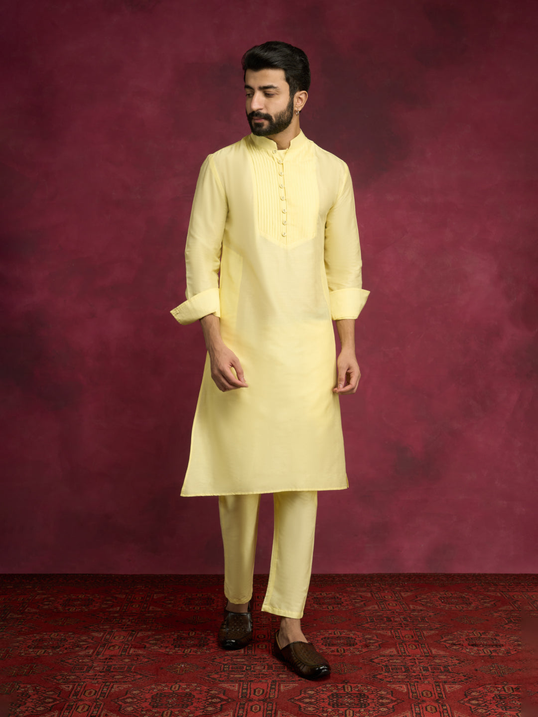 Pleated neck yoke straight kurta- Lemon Yellow