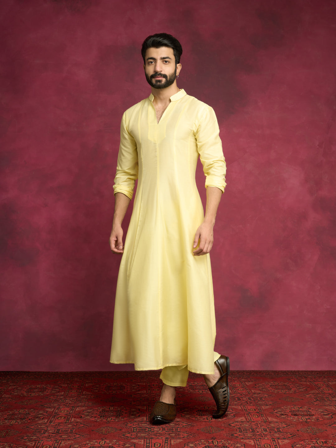 Paneled Anarkali kurta paired with straight pants - Lemon Yellow