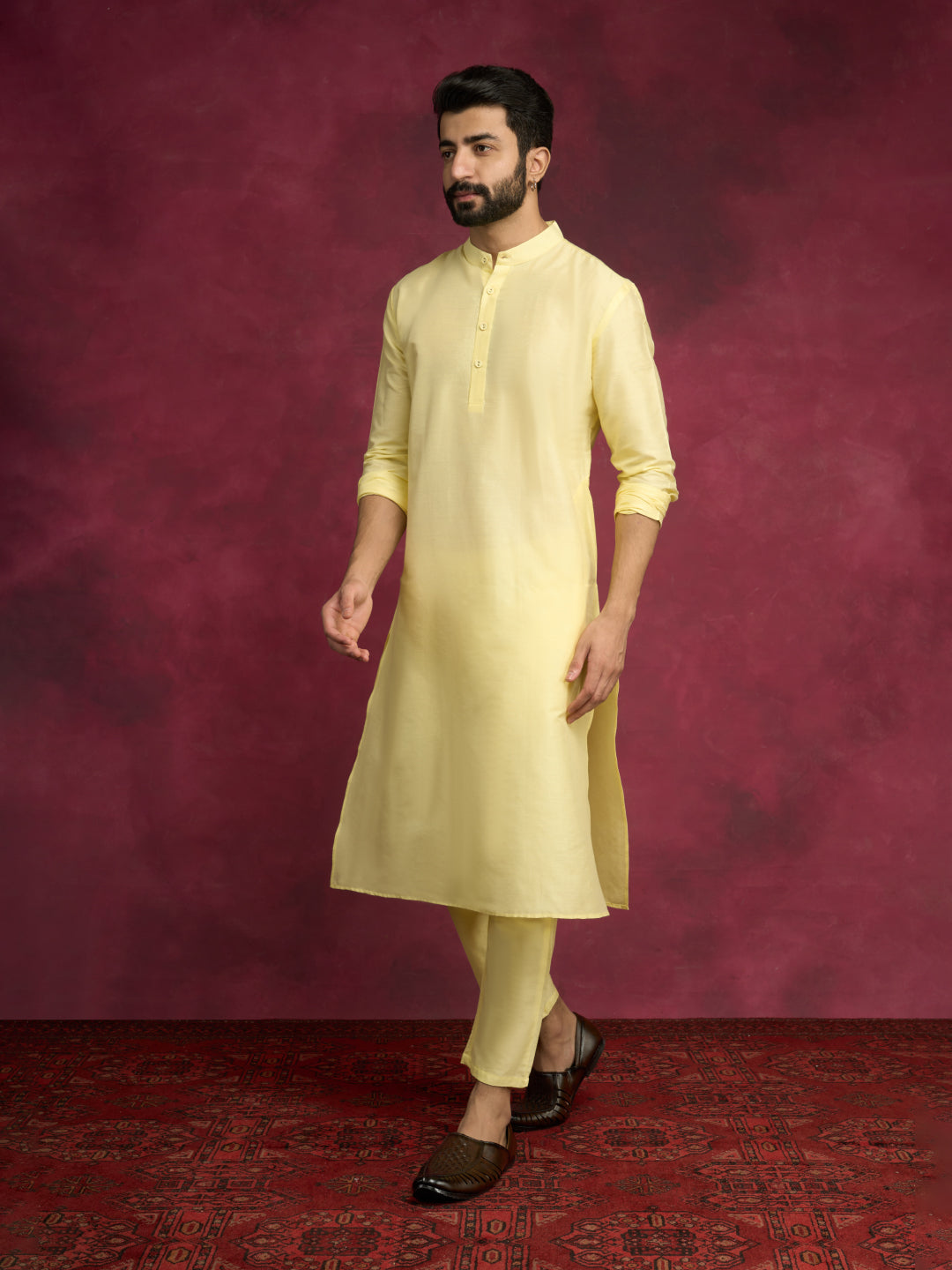 Mandarin collar Straight kurta Set - Lemon Yellow