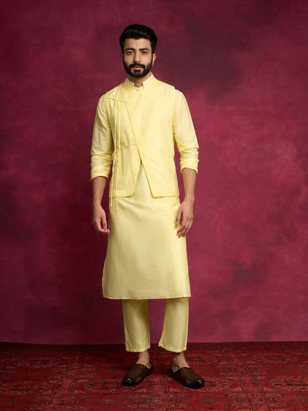 Straight kurta layered with asymmetrical jacket Set- Lemon yellow