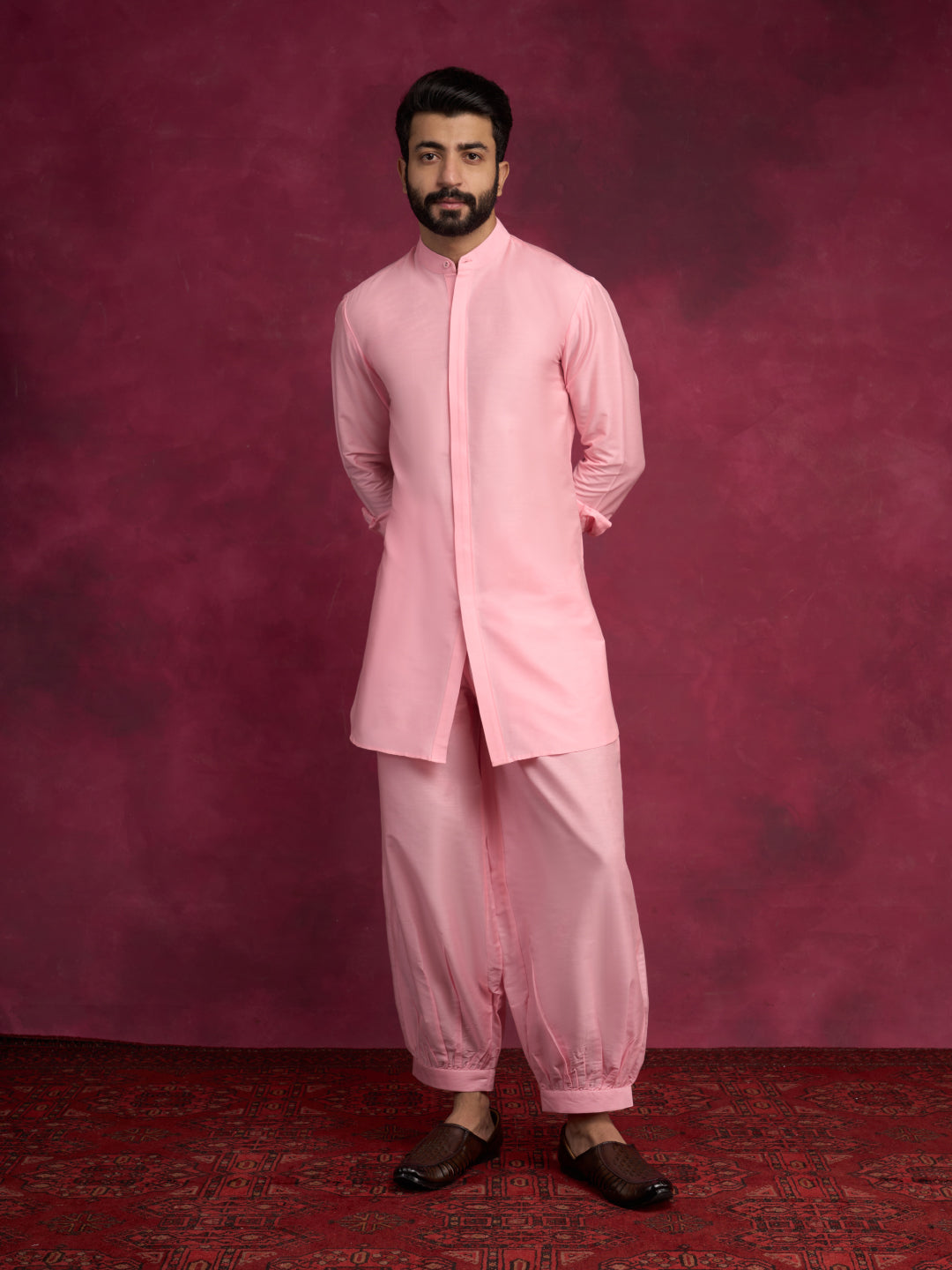 High-low hem kurta paired with pathani pants - Sakura pink