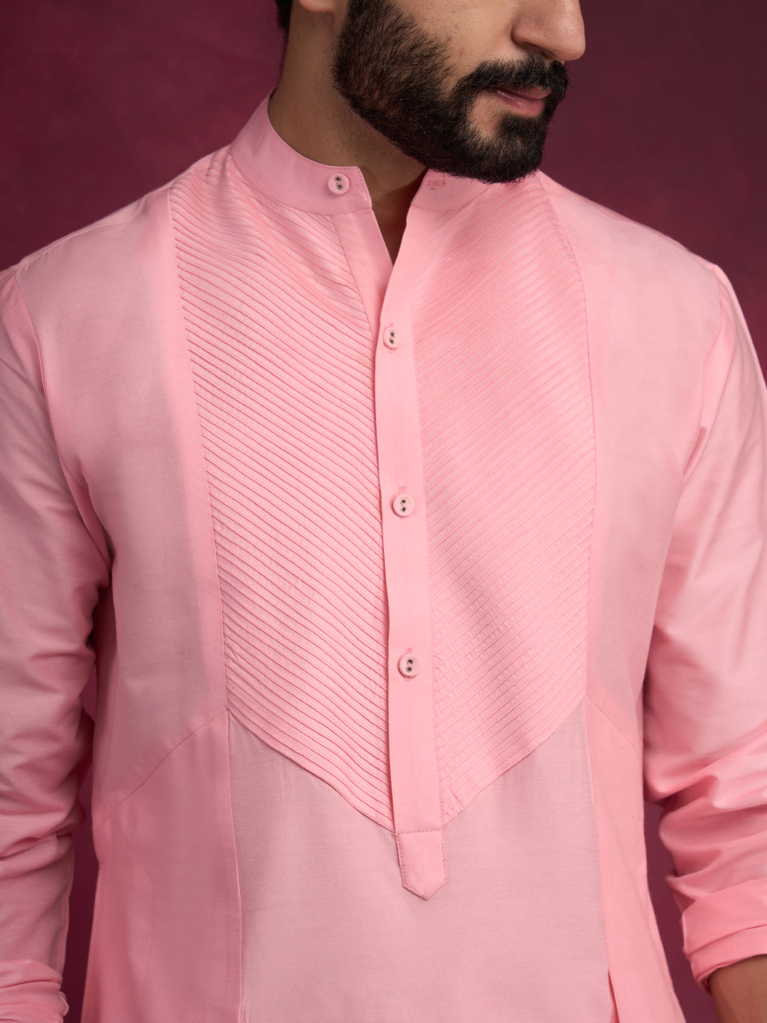 Pintuck neck yoke side panel kurta-  Sakura pink