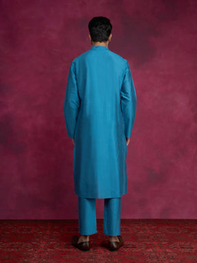 Pintuck neck yoke side panel kurta- Ocean blue