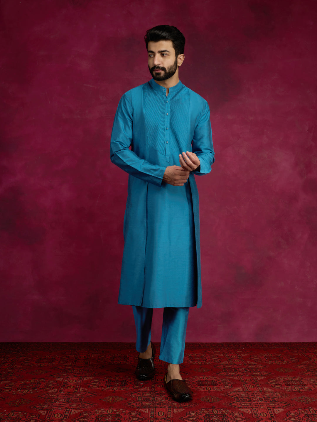 Pintuck neck yoke side panel kurta- Ocean blue