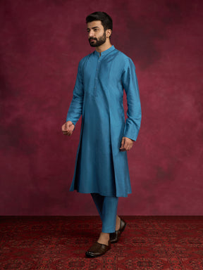 Pintuck neck yoke side panel kurta- Ocean blue