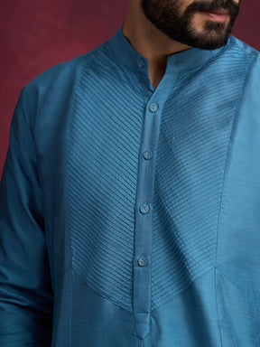 Pintuck neck yoke side panel kurta- Ocean blue