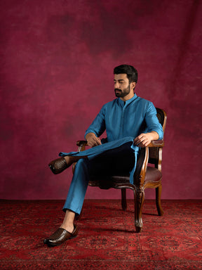 Pintuck neck yoke side panel kurta- Ocean blue