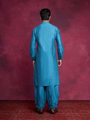 Pleated neck yoke straight kurta paired with pathani pants - Ocean blue