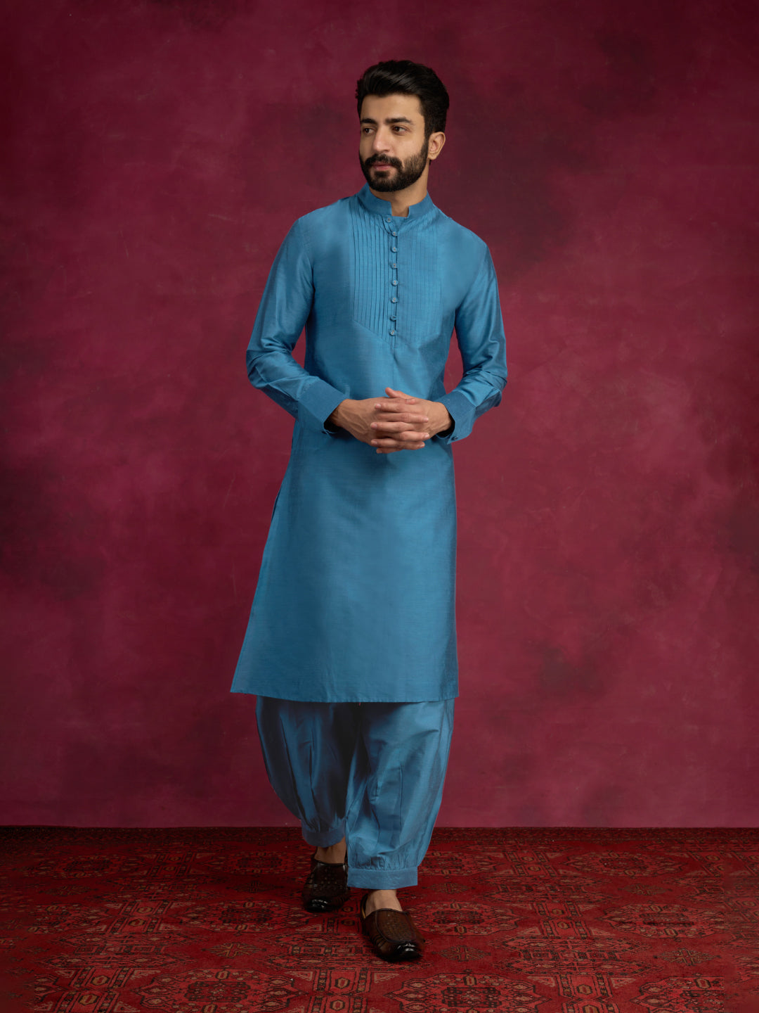 Pleated neck yoke straight kurta paired with pathani pants - Ocean blue