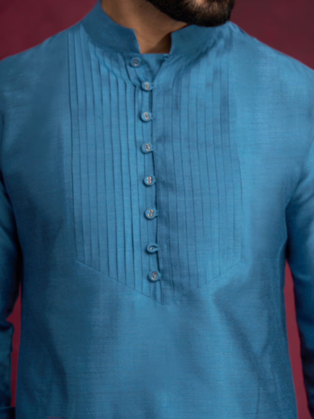 Pleated neck yoke straight kurta paired with pathani pants - Ocean blue