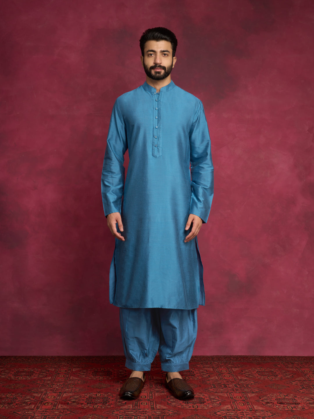 Loop buttons closure kurta paired with pathani pants- Ocean Blue