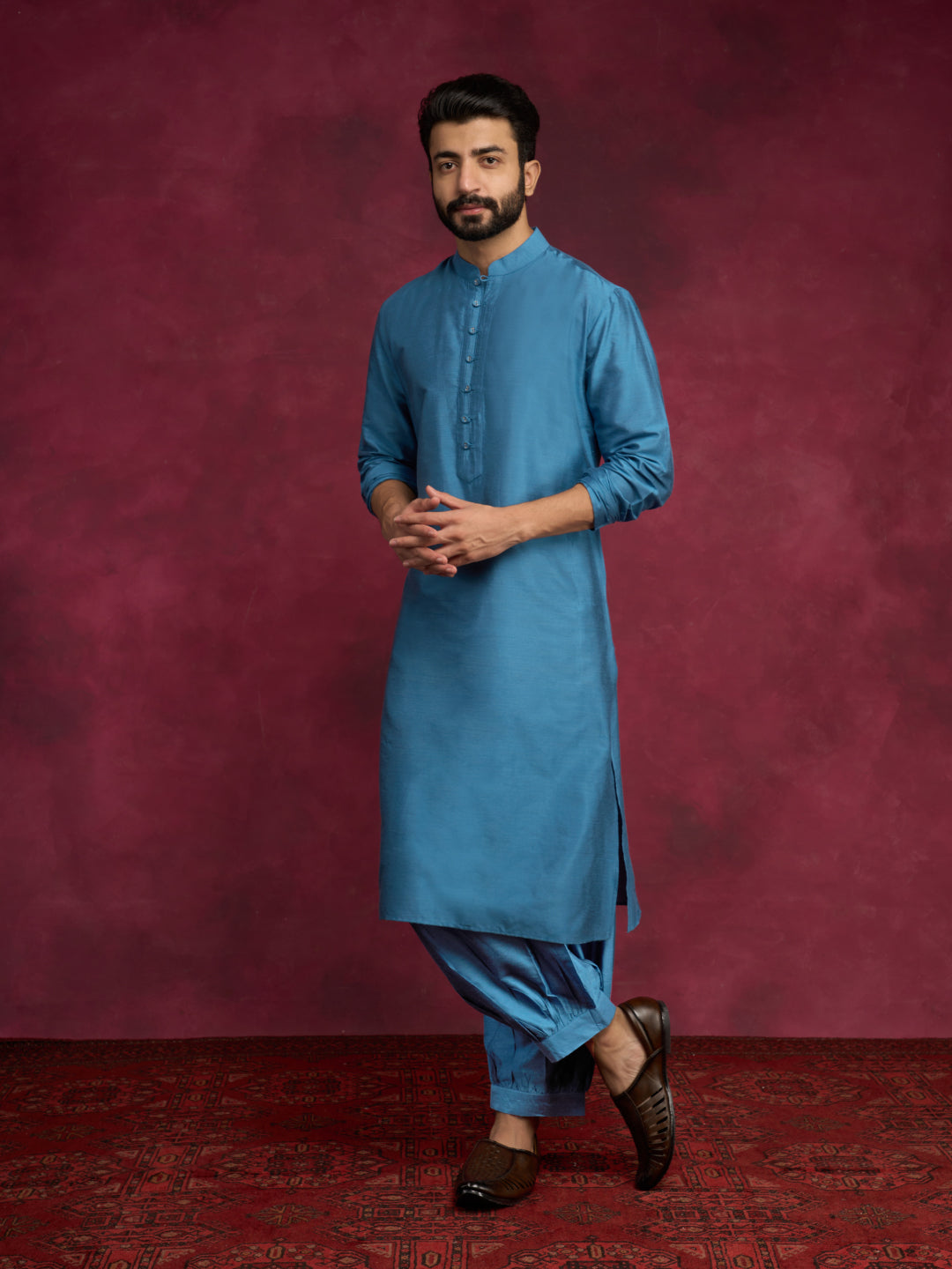 Loop buttons closure kurta paired with pathani pants- Ocean Blue