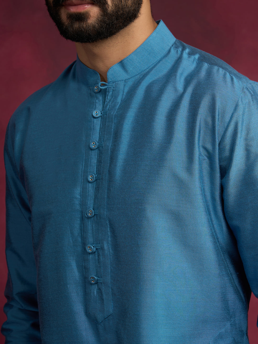 Loop buttons closure kurta paired with pathani pants- Ocean Blue