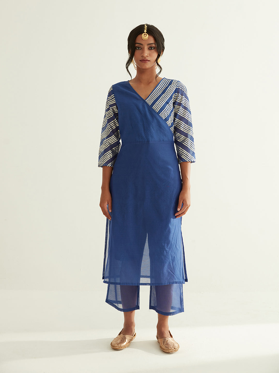 Blue Overlapped neckline chanderi kurta highlighted with Gota Patti