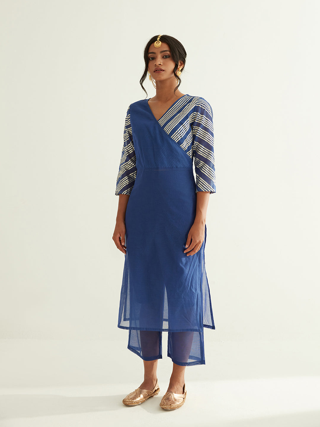 Blue Overlapped neckline chanderi kurta highlighted with Gota Patti