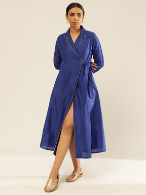 Lapel Collared Wrap Dress-Imperial Blue