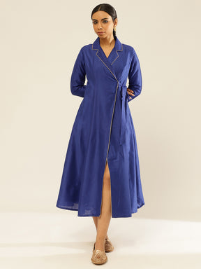 Lapel Collared Wrap Dress-Imperial Blue