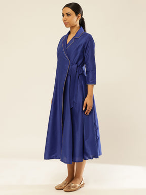 Lapel Collared Wrap Dress-Imperial Blue