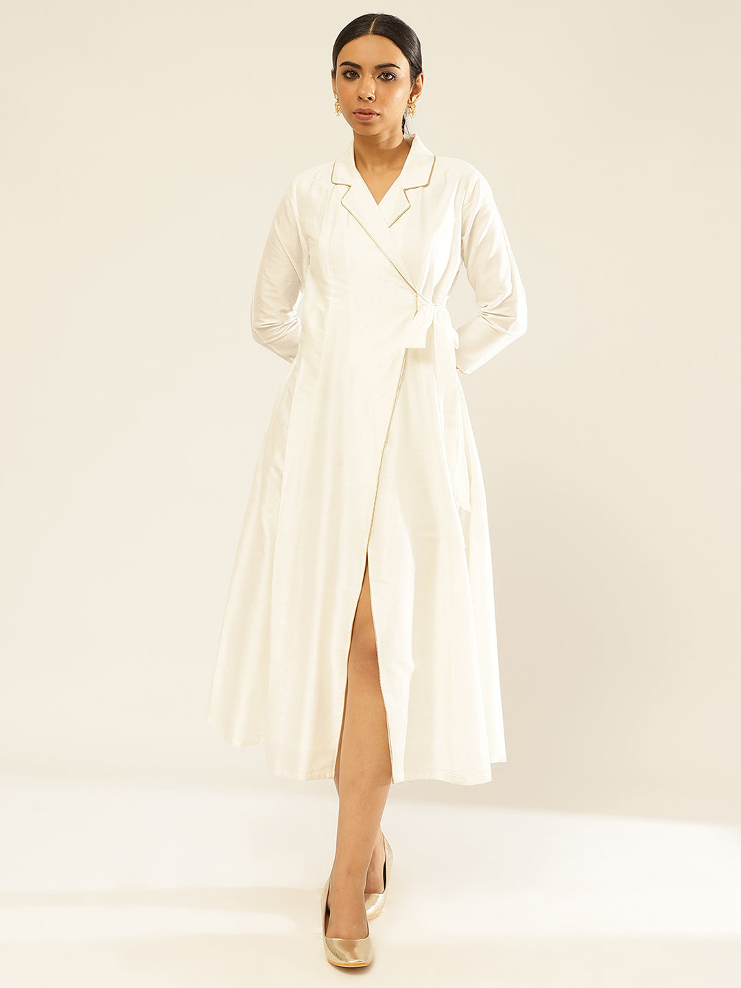 Lapel Collared Wrap Dress-Pearl White