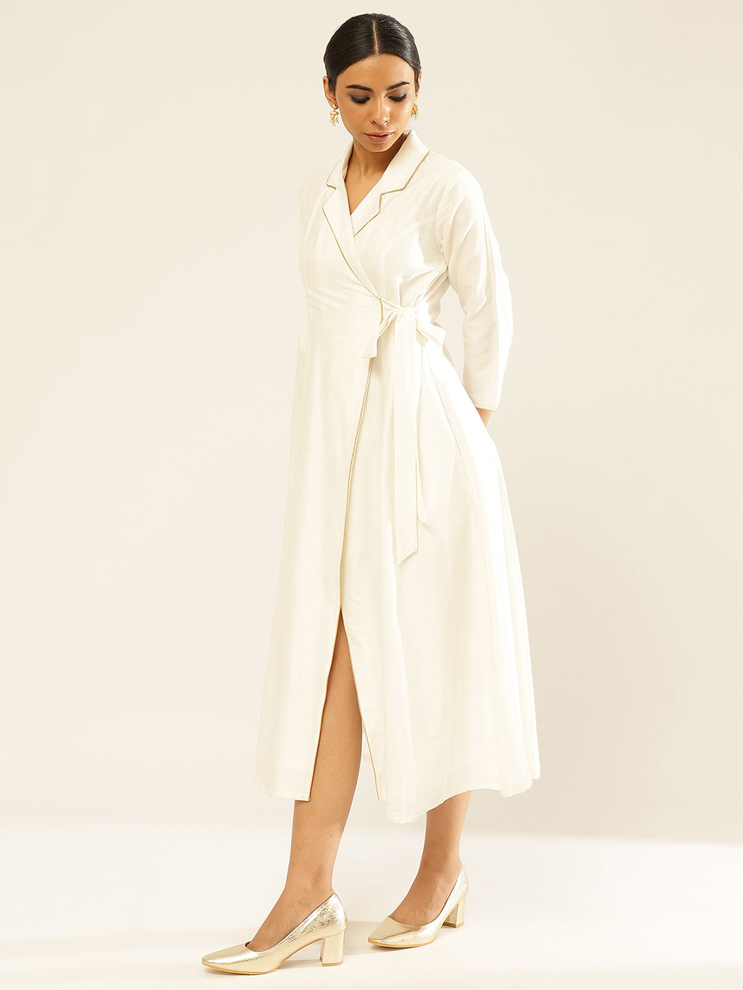 Lapel Collared Wrap Dress-Pearl White