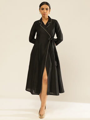 Lapel Collared Wrap Dress-Metallic Black